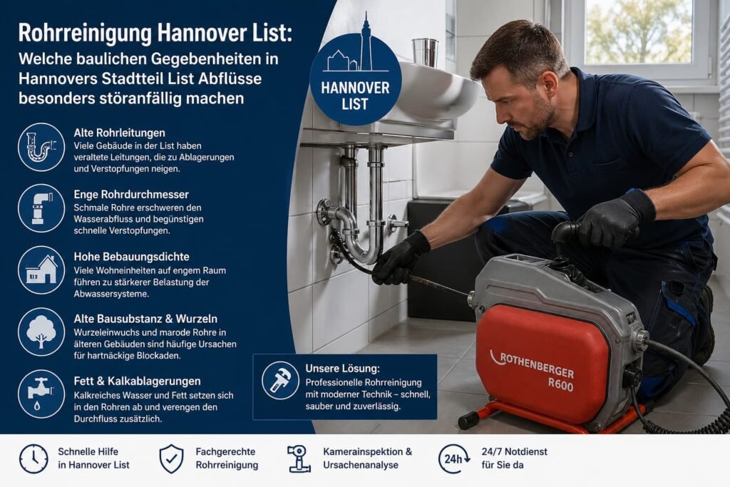 Professioneller Klempner beseitigt eine Rohrverstopfung unter dem Waschbecken mit moderner Ausrüstung in einer sauberen Innenumgebung mit erklärenden Symbolen