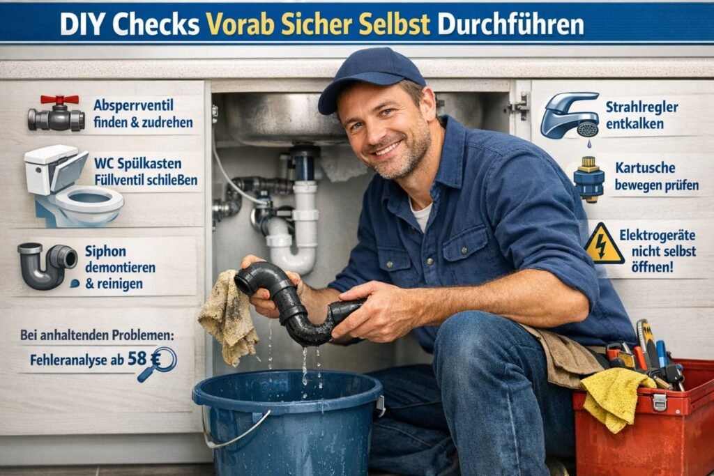 DIY Sanitär-Check: Klempner repariert Siphon unter Waschbecken, mit Schritt-für-Schritt Tipps und Symbolen für einfache Vorabprüfungen