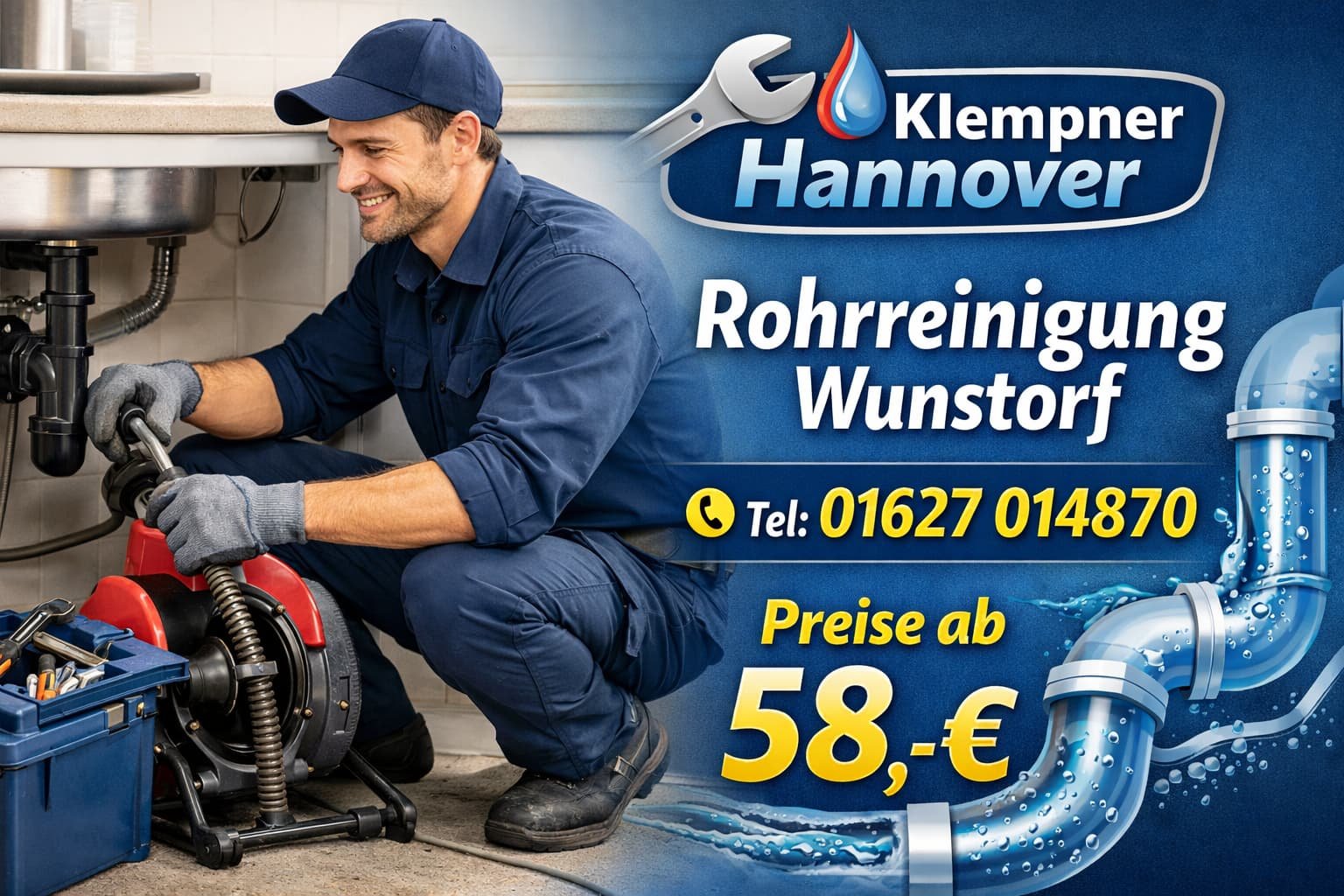 Rohrreinigung Wunstorf – Klempner Hannover behebt professionell Rohrverstopfung, schneller Service ab 58€