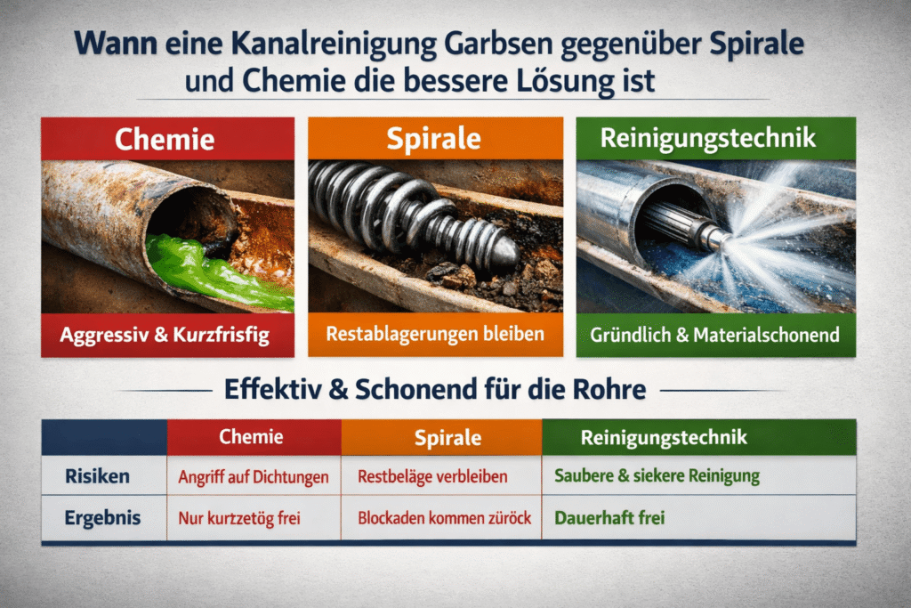 Vergleich Rohrreinigung Chemie Spirale Technik