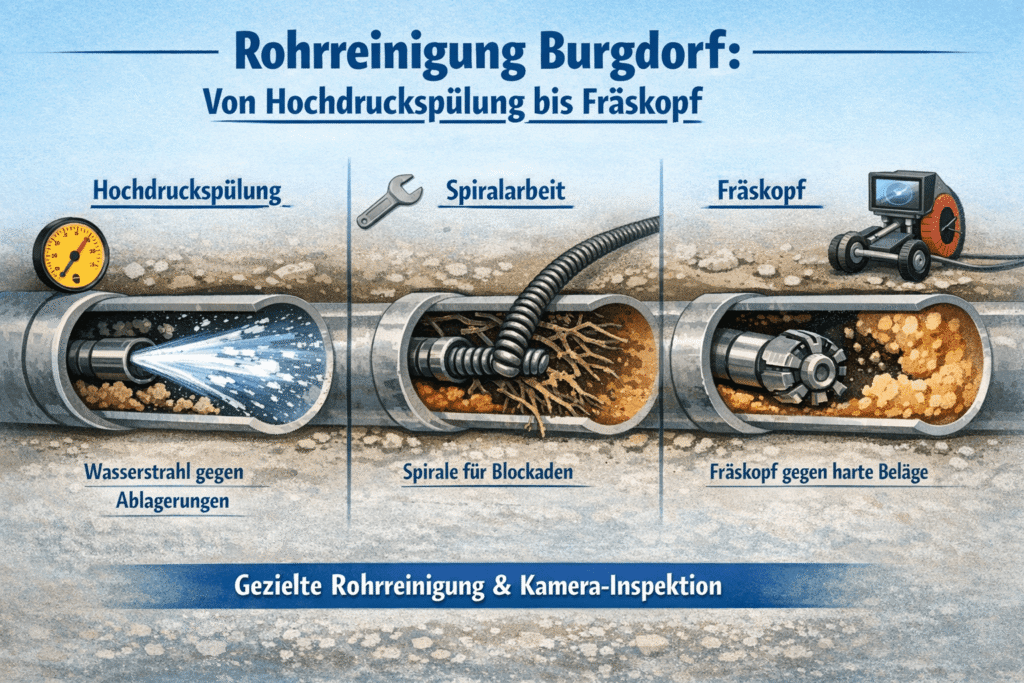 Rohrreinigung Methoden: Spülung, Spirale, Fräse