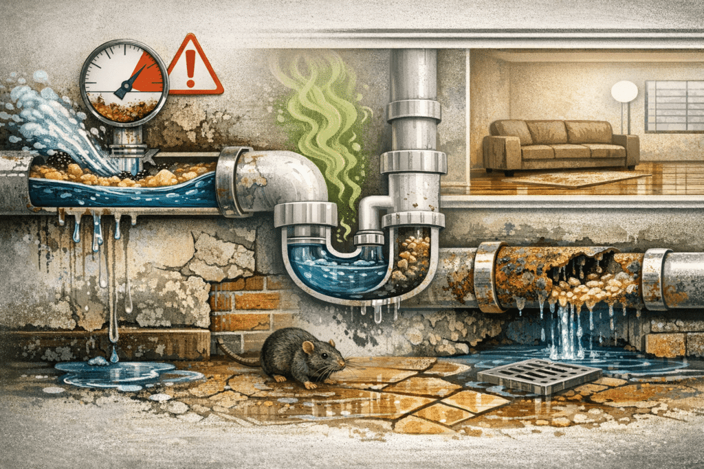 Drain pipe blockage causing leaks and odor