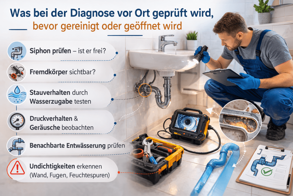 Techniker prüft Siphon und Rohr vor Ort!