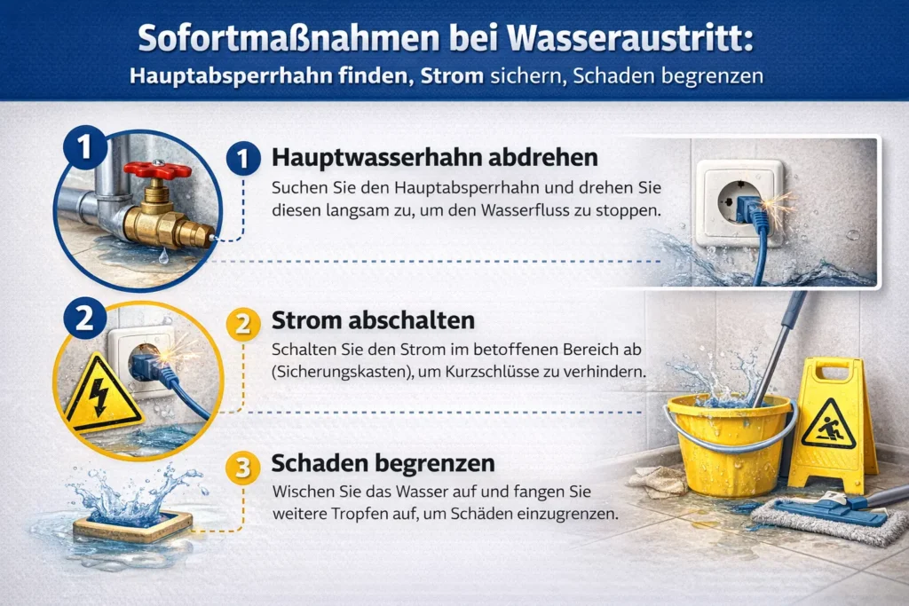 Sofortmaßnahmen bei Wasseraustritt: Hauptabsperrhahn finden, Strom sichern, Schaden begrenzen