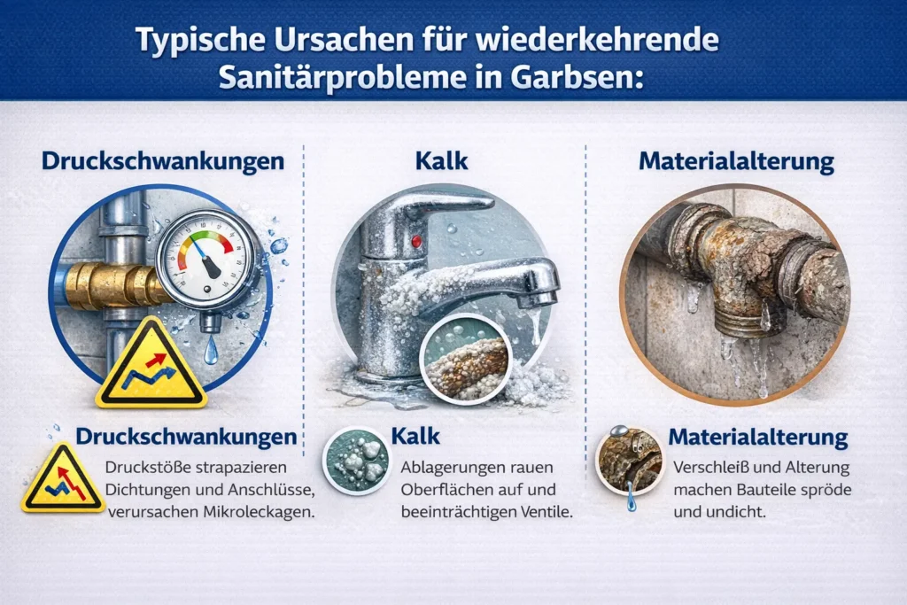 Typische Ursachen für wiederkehrende Sanitärprobleme in Garbsen: Druckschwankungen, Kalk, Materialalterung