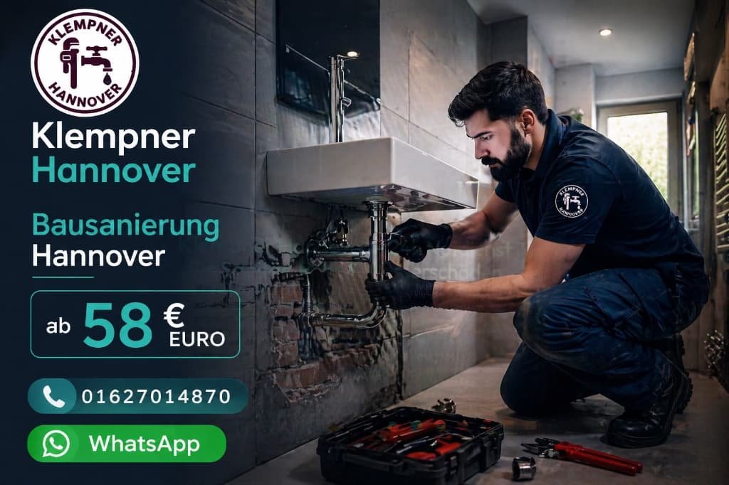 Professioneller Installateur repariert Rohrleitung unter Waschbecken im modernen Badezimmer mit Kontaktdaten und Preisangabe.