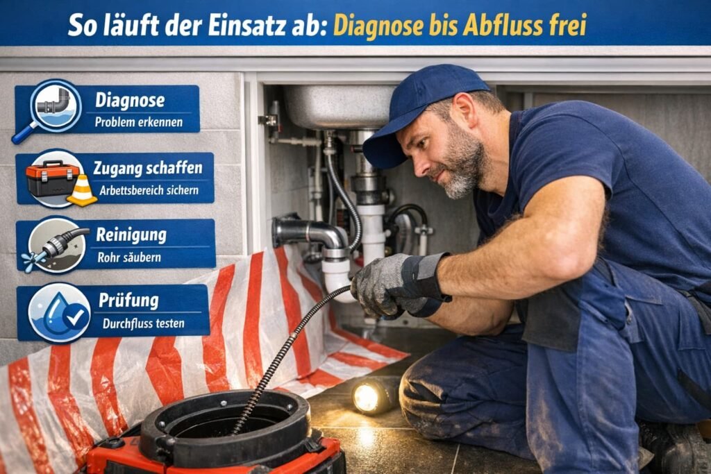 Installateur bei der Rohrreinigung unter der Spüle – Ablauf frei durch Diagnose, Reinigung und Prüfung