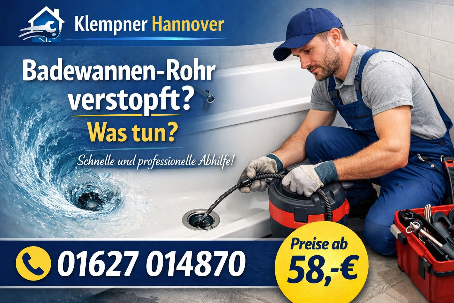 Klempner Hannover repariert verstopftes Badewannenrohr schnell und professionell ab 58€
