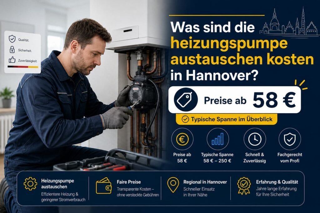 Techniker bei der Wartung einer Heizungsanlage mit modernen Service-Icons und Preisübersicht in Hannover.