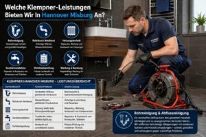Klempner bei der Rohrreinigung im Badezimmer mit moderner Ausrüstung und Serviceübersicht