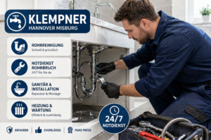 Professioneller Installateur repariert ein Rohr unter der Spüle mit Werkzeug und Service-Icons für Sanitärarbeiten