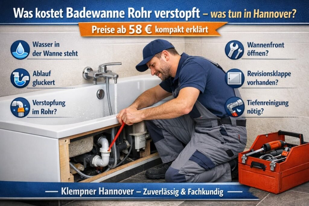 Klempner repariert verstopftes Badewannenrohr in Hannover – Kosten ab 58 €, professionelle Rohrreinigung und schnelle Hilfe