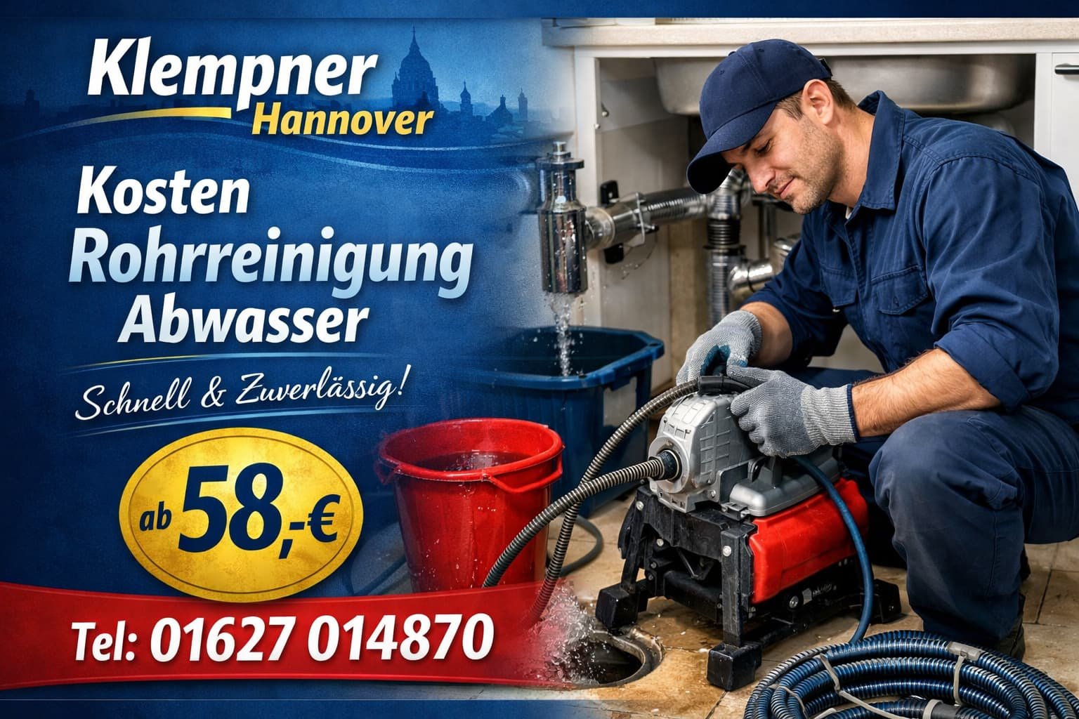 Klempner Hannover bei der professionellen Abwasser Rohrreinigung – schnelle Hilfe ab 58 €