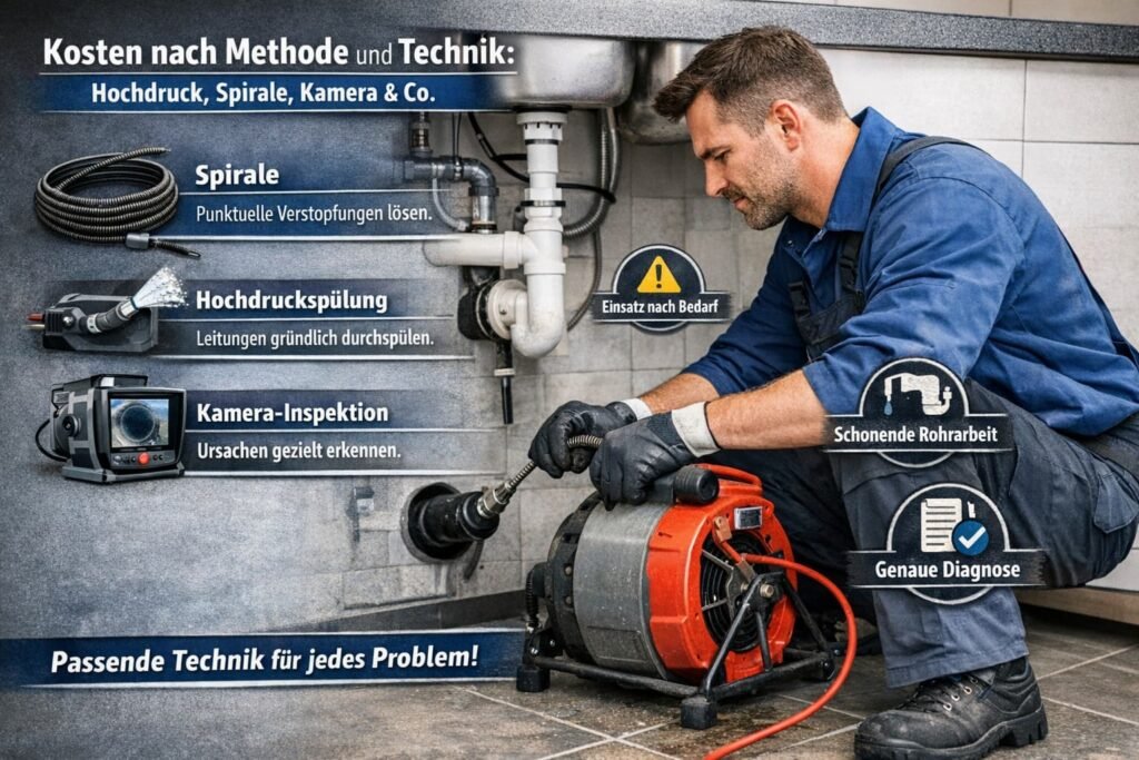 Professioneller Klempner behebt Rohrverstopfung mit Spirale – Übersicht zu Hochdruck, Kamera und Rohrreinigungstechniken
