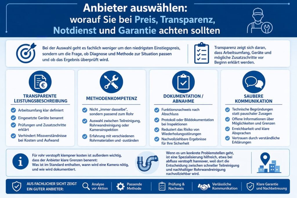 Anbieter auswählen: worauf Sie bei Preis, Transparenz, Notdienst und Garantie achten sollten