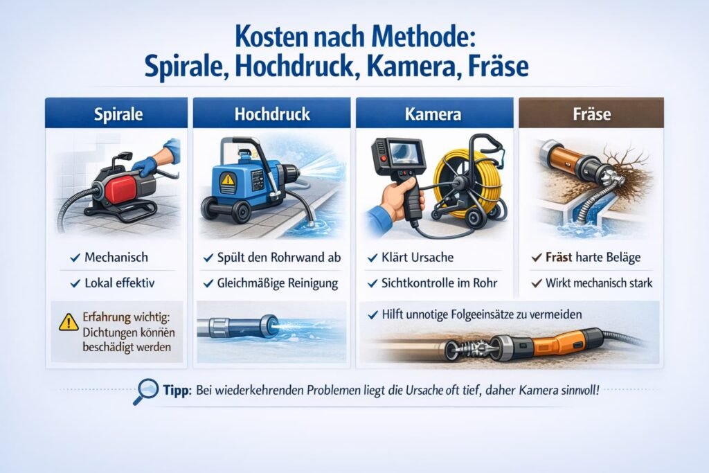 Kosten nach Methode: Spirale, Hochdruck, Kamera, Fräse