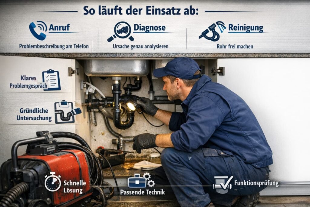 Klempner bei der Rohrreinigung unter der Spüle – Ablauf von Anruf, Diagnose und Reinigung im Notdienst