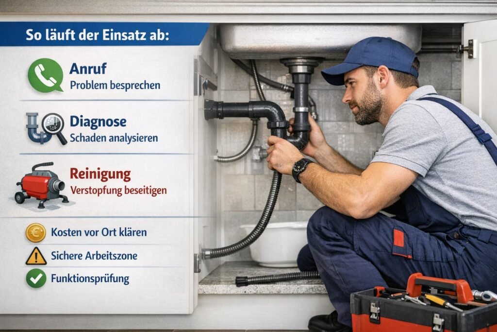 Installateur behebt verstopften Abfluss unter Spüle – Ablauf Notdienst Hannover Ablauf: Anruf, Diagnose, Reinigung