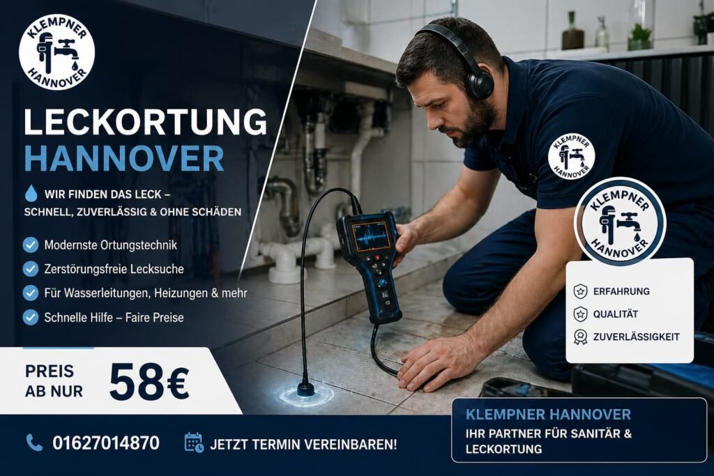 Klempner in Hannover bei der präzisen Ortung und Reparatur eines Wasserlecks in einem Badezimmer, moderner Service ab 58 €