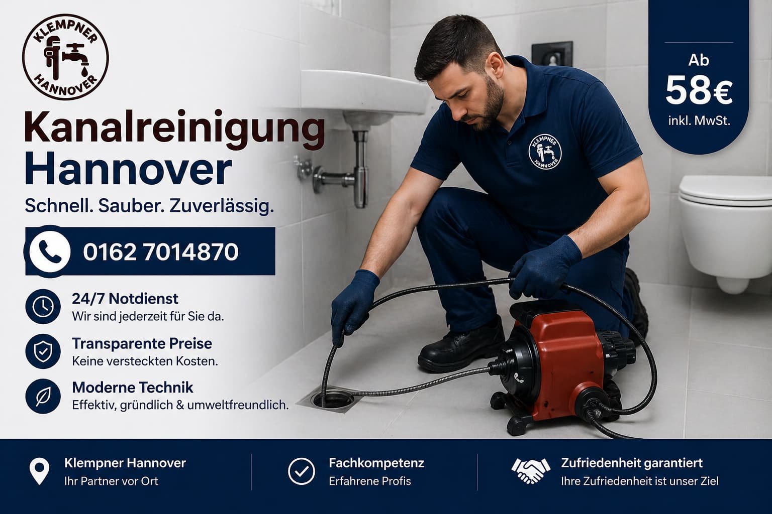 Klempner bei der professionellen Rohrreinigung in einem Badezimmer in Hannover