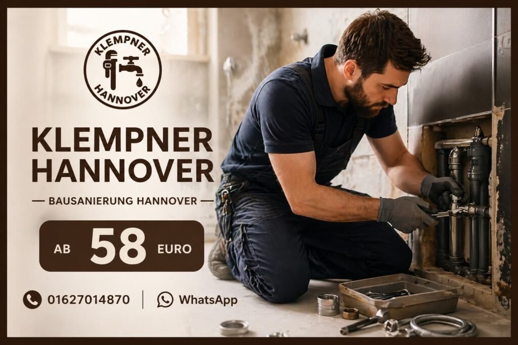 Sanitärtechniker repariert Rohrleitung im Badezimmer mit Kontakt und Preisangabe
