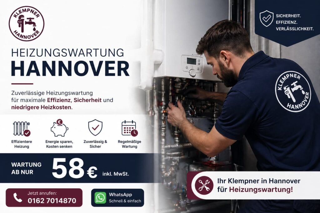Heizungsmonteur bei der Wartung einer modernen Heizungsanlage in Hannover, professioneller Service