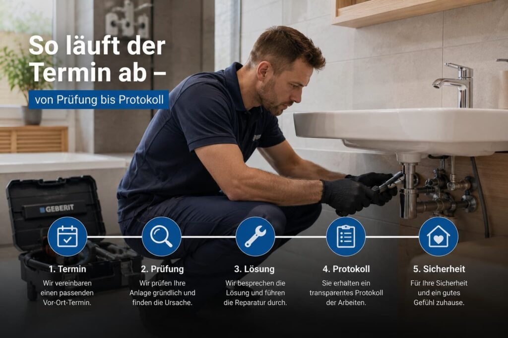 Installateur prüft sorgfältig die Sanitäranlage in einem modernen Badezimmer.