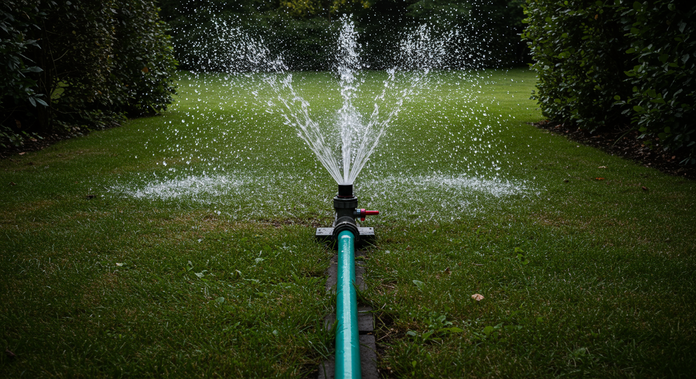 Nahaufnahme einer geplatzten Wasserleitung, aus der Wasser spritzt