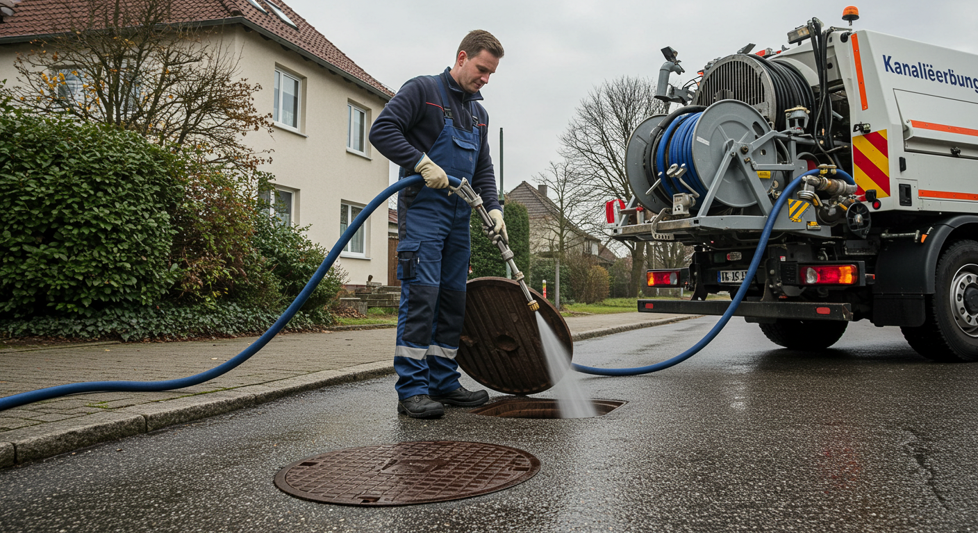Rechteckige Grafik zu Sicherheits- und Hygieneregeln bei Abwasserarbeiten mit Symbolen für Schutzkleidung, kontrollierte Öffnung, Abdeckungen und sichere Schlauchführung.