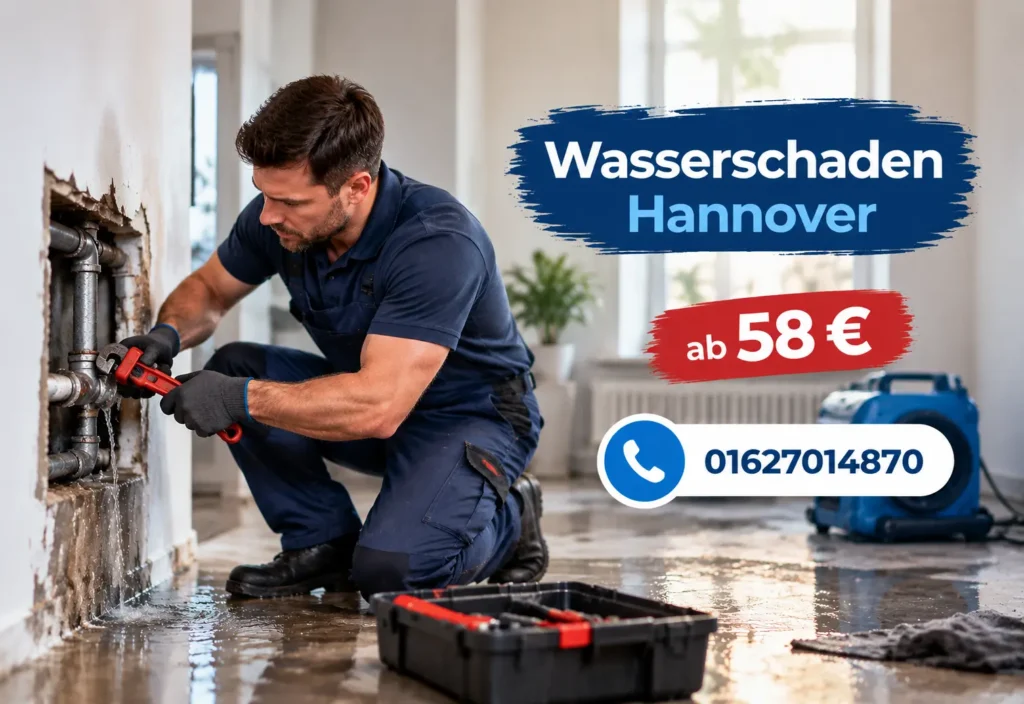 Klempner bei der Wasserschaden Hannover Prüfung und Reparatur einer beschädigten Wasserleitung.