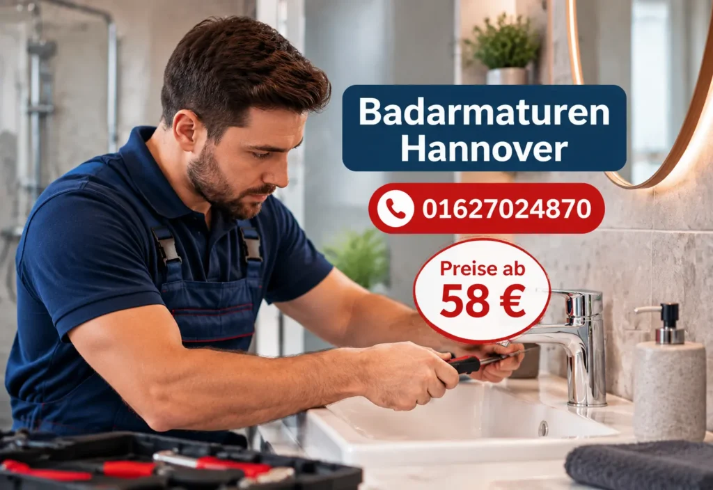 Sanitärfachmann bei der Montage und Reparatur von Badarmaturen Hannover im modernen Badezimmer.